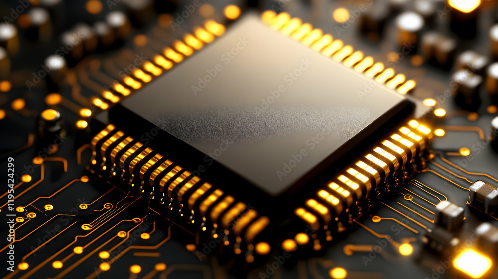 Poster close-up of a microchip on a circuit board, showcasing intricate details and golden connectors. high