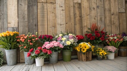 Fototapeta premium A large collection of artificial flowers in various colors and shapes placed behind a distressed wood backdrop, vintage style, outdoor decor, rustic interior, garden decor, wall decorations