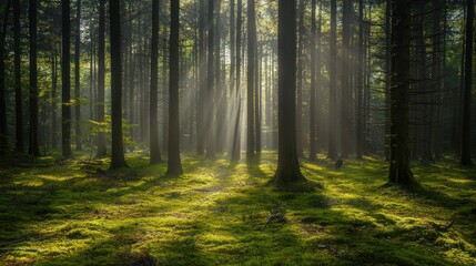 Obraz premium Sunbeams Illuminating a Mystical Forest