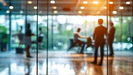 A blurred, interior business people at tables through a glass wall. This appears to be an office setting