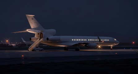 Closeup view of private jet airplane parked at outside and waiting business persons. Luxury tourism and business travel transportation concept. 3d rendering