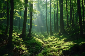 Obraz premium Serene sunlit path through a lush, mossy forest. Discover tranquility amidst towering trees and vibrant green foliage.