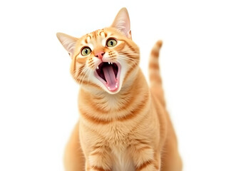 Orange cat with open mouth and surprised expression on white background.