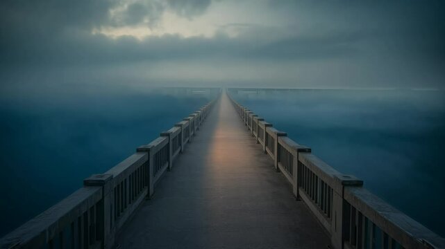 A bridge extends endlessly into the distance, with a blue mist-filled abyss below. A soft, faint light lines the path along the bridge.