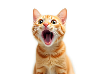 Orange cat with open mouth and surprised expression on white background.
