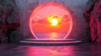 Serene Coastal Sunset Framed by Circular Arch with Vibrant Colors Reflecting on Water, against Intricate Rock Formations and Tranquil Atmosphere