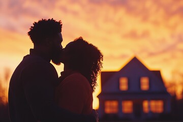 Silhouette of a Black couple kissing at sunset, with a house softly blurred in the background. Warm, romantic mood.