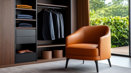Elegant and inviting boutique inspired wardrobe design with plush seating decorative accents and lush natural surroundings offering a harmonious blend of fashion comfort and functionality