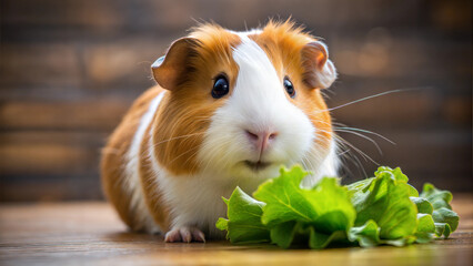 Guinea pig eating fresh lettuce on wooden surface.