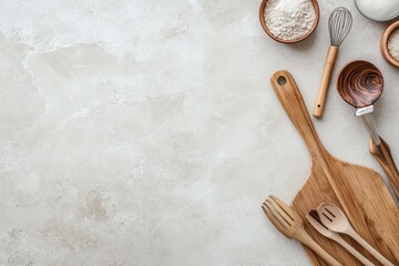 Rustic Kitchen Utensils and Ingredients Arranged on a Light Surface