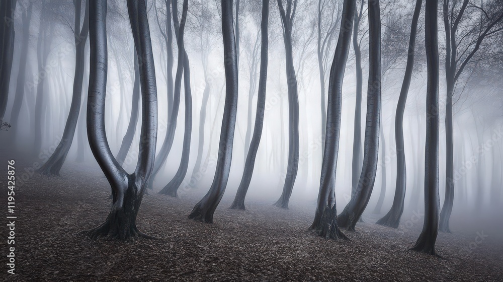Poster a misty forest scene with tall curved trees in a mysterious and atmospheric setting
