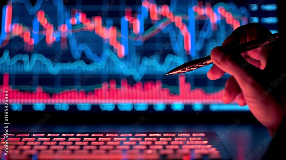 Poster analyzing market trends with data visualizations during nighttime trading sessions in a financial se