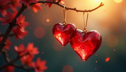 Glistening heart-shaped ornaments hanging from a tree branch amidst soft, glowing lights.