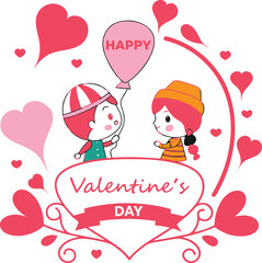Cute cartoon couple celebrating Valentine's Day with a balloon.
