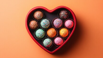 A heart-shaped chocolate box filled with colorful truffles on a bold orange background. Perfect for Valentine's Day promotions and gift ideas.