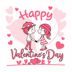 Cute Cartoon Couple Celebrating Happy Valentine's Day