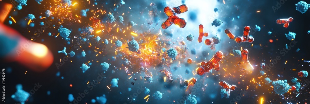 Poster visualization of antibodies engaging with pathogens in a dynamic biological process. generative ai