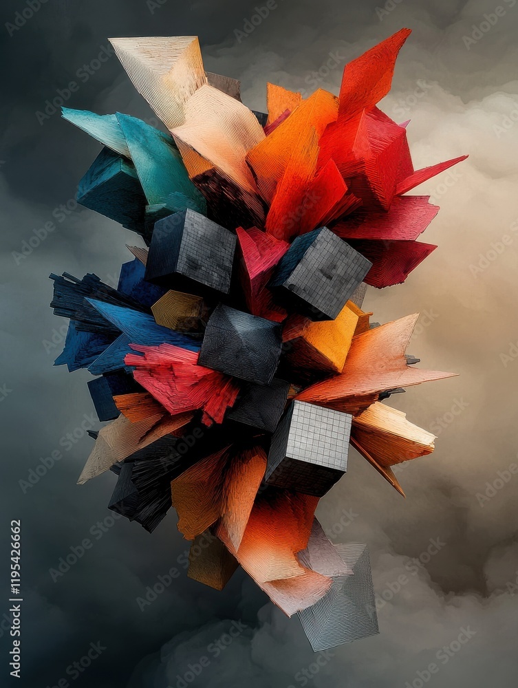 Poster vibrant explosion of cubes and polygons shattering in abstract space digital art colorful environmen