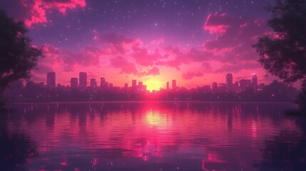 Fototapeta premium Serene sunset over a city skyline reflecting on a tranquil lake with vibrant colors and clouds