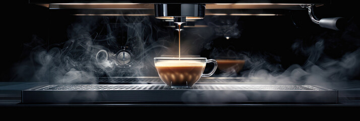 A steaming espresso shot being pulled from a sleek coffee machine, captured in stunning detail