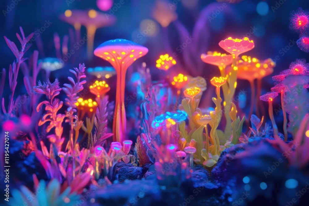 Aufkleber unique microscopic ecosystem showcasing vibrant, glowing microbes in a magical underwater setting. g