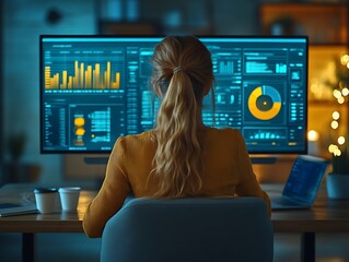 Woman analyzing data on large monitor. (4)