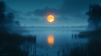 Orange full moon over misty lake at night.