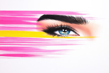 A woman's eye is drawn in a pink and yellow stripe
