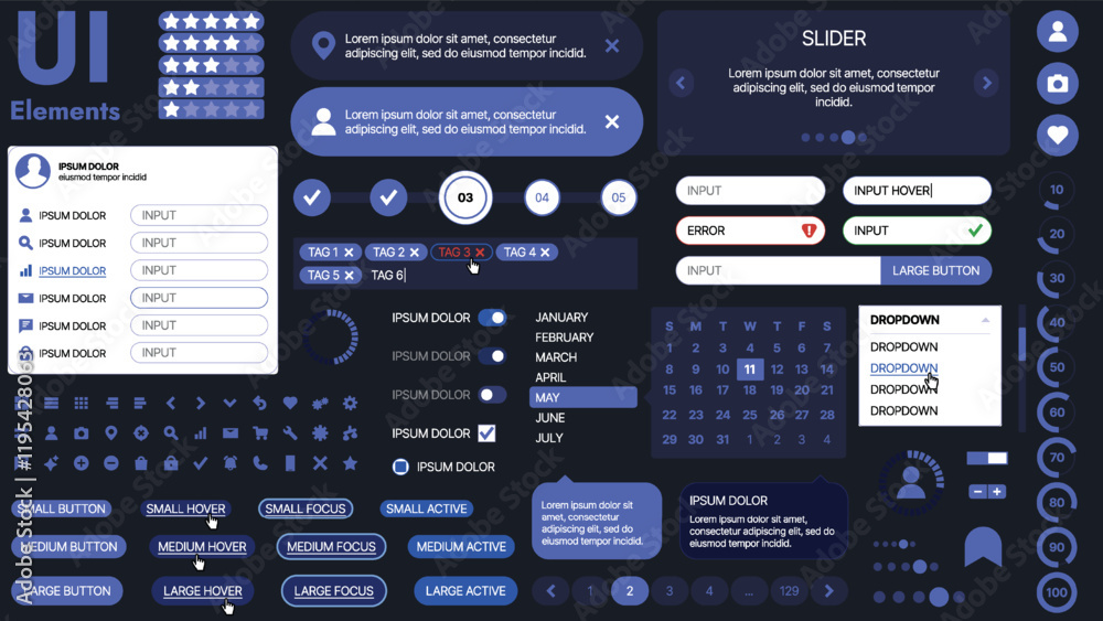 Poster a modern ui kit featuring a collection of buttons, icons, navigation menus, and responsive design el
