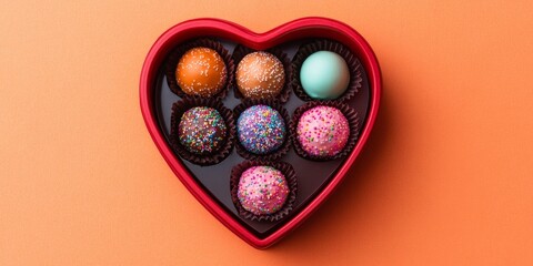 A heart-shaped chocolate box filled with colorful truffles on a bold orange background. Perfect for Valentine's Day promotions and gift ideas.