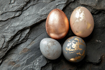 Three eggs adorned with gold foil.