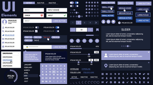 A modern UI kit featuring a collection of buttons, icons, navigation menus, and responsive design elements. Includes login forms, media players, search bars, and calendars, ideal for apps, websites