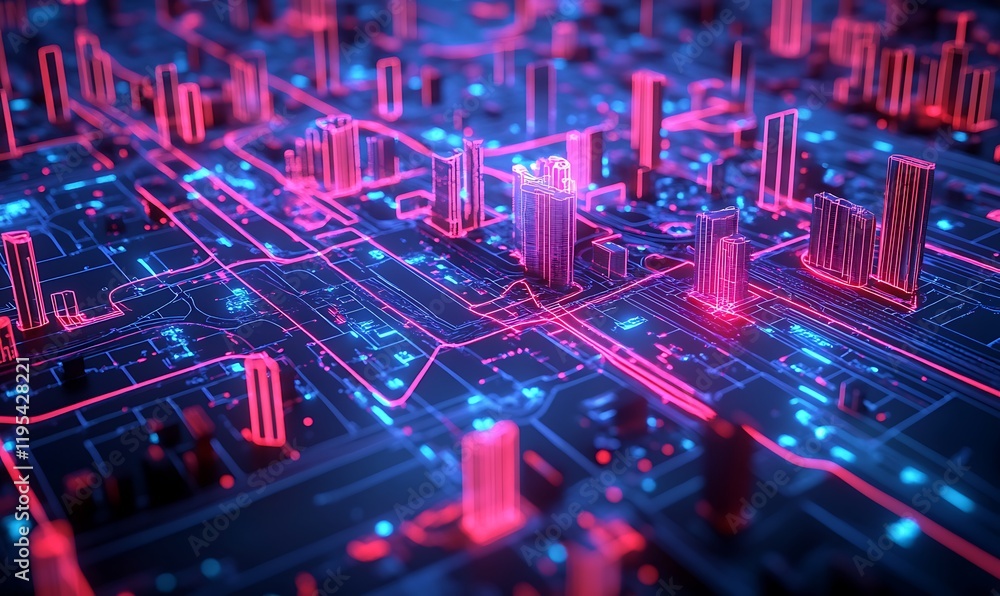 Poster a 3d blueprint of the city's power grid with neon lines representing energy flow