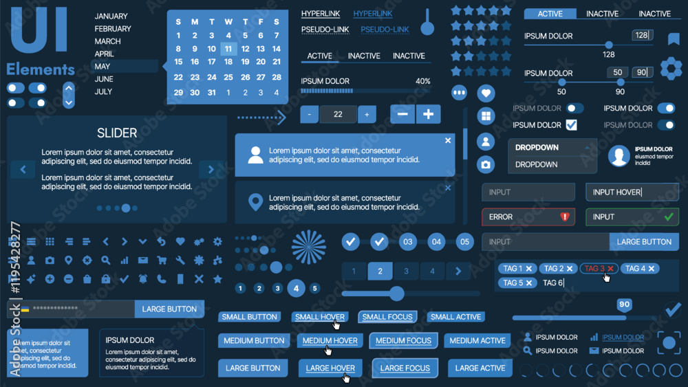 Poster a modern ui kit featuring a collection of buttons, icons, navigation menus, and responsive design el