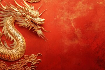 Obraz premium Stunning Gold Dragon Illustration on Vibrant Red Background