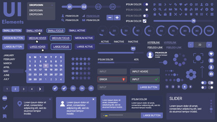 A modern UI kit featuring a collection of buttons, icons, navigation menus, and responsive design elements. Includes login forms, media players, search bars, and calendars, ideal for apps, websites