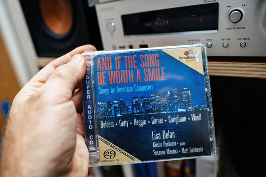 Paris, France - Dec 9, 2024: Super Audio CD of Lisa Delan performing American composers' works, featuring Kristin Pankonin, Susanne Mentzer, and Matt Haimovitz, in hybrid format.