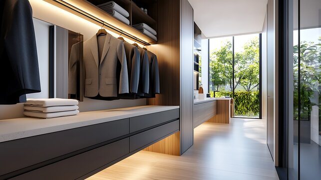 Illuminated dressing room with open window modern minimalist shelving system displaying clothing and accessories in a clean organized and stylish home interior design