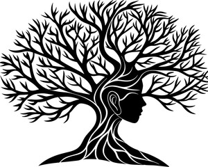 Surreal Tree Silhouette with Human Profile and Wind-Swept Branches in High Contrast