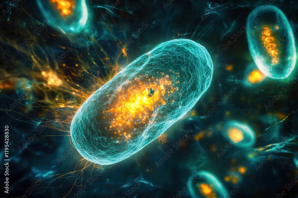 Poster human cell under attack by virus in a highly magnified microscopic view showcasing cellular interact