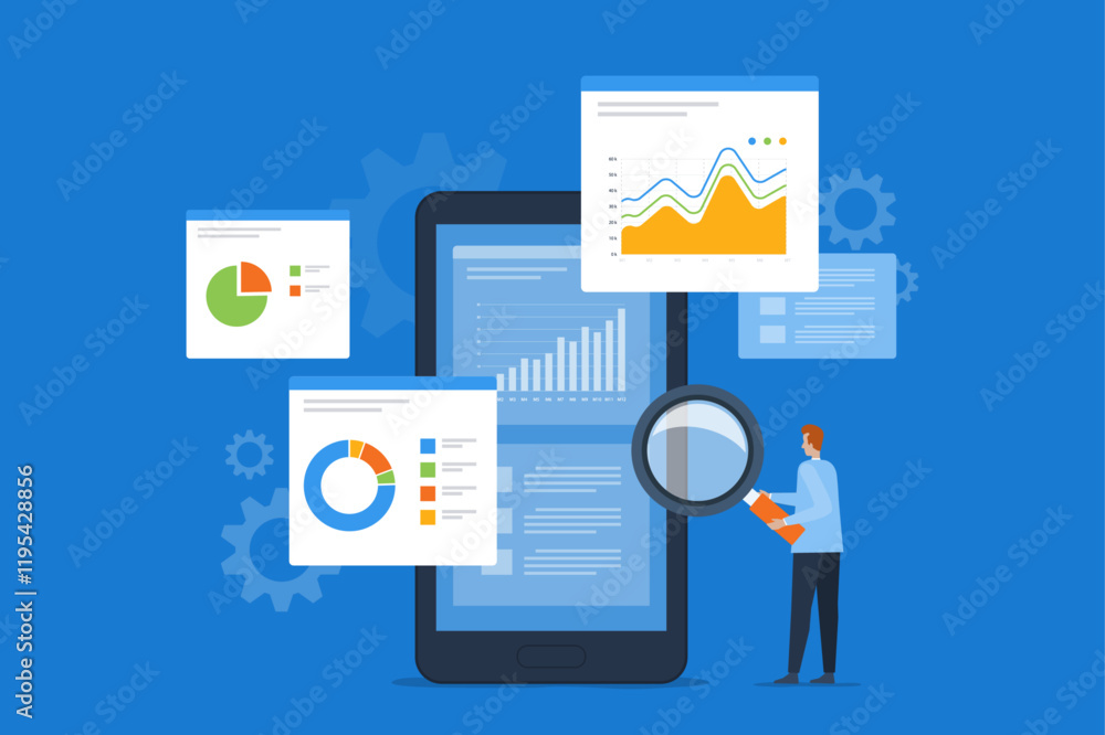 Poster business analytics on web report dashboard monitor concept and flat vector illustration design data analytics research for business finance investment planning concept