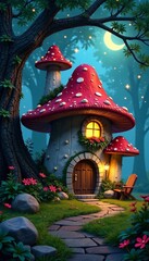 Fototapeta premium Magical mushroom house in a whimsical forest setting under a starry night sky.