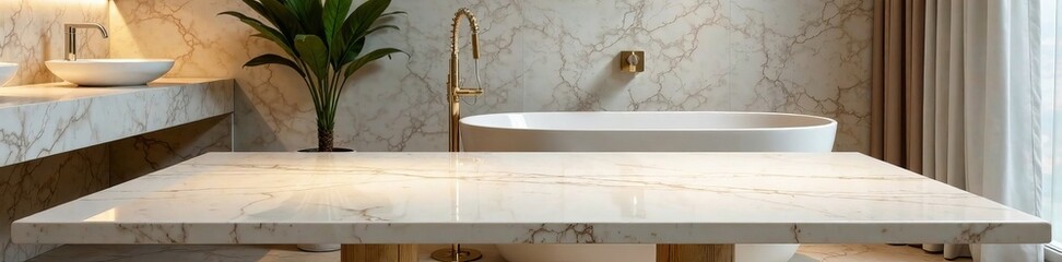 Luxurious modern bathroom with marble surfaces and elegant fixtures.