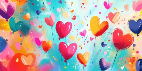 Colorful Heart Shaped Balloons Floating In An Artistic Sky