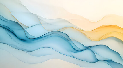 Fototapeta premium An abstract art piece featuring medium contrast waves of pale blue and soft gold, flowing gracefully against a light beige background for a serene effect 