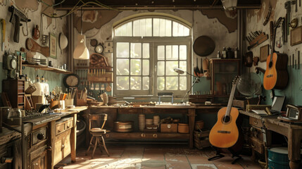 A traditional guitar maker's workshop with walls lined with tools and materials, radiating a sense of heritage