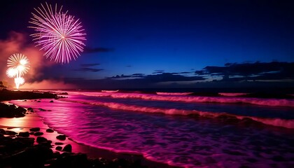 Nighttime Beach Fireworks Display Over Ocean Waves
