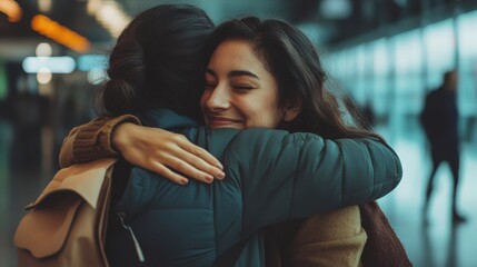 Two women hug each other in a train station