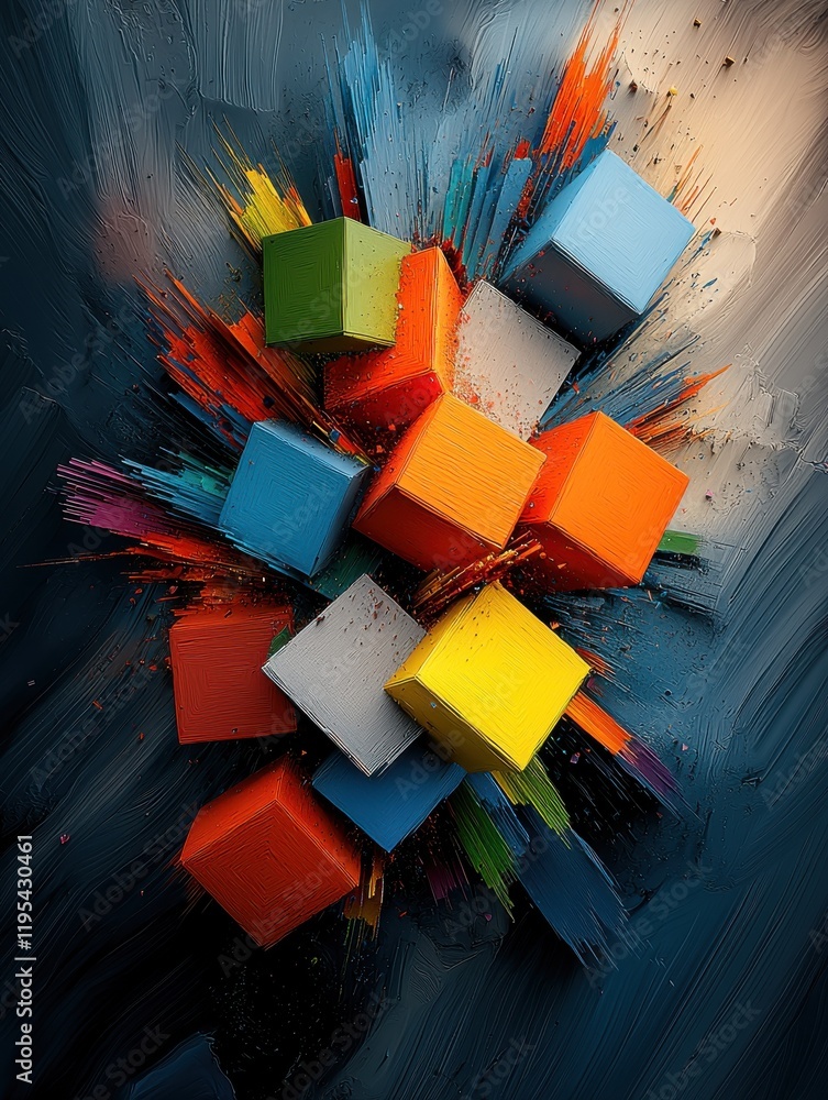 Poster dynamic explosion of colorful cubes and polygons in abstract art vibrant environment artistic viewpo