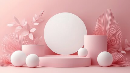 Fototapeta premium Minimalist Pink Product Display: A clean, minimalist product display with a pink and white colour scheme, featuring a round white platform surrounded by pink cylinders, spheres and leaves.